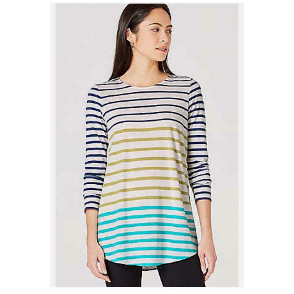 J Jill Tunic Top Striped Longline Crew Neck Colorful Nautical Preppy Casual